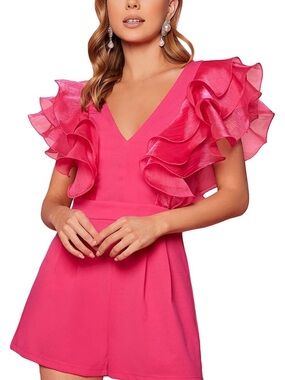 Pink Ruffle Sleeve V-Neck Romper Sz M EUC